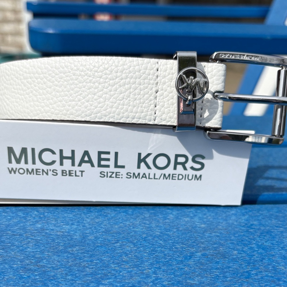 Michael Kors White Leather Belt with Silver MK Buckle